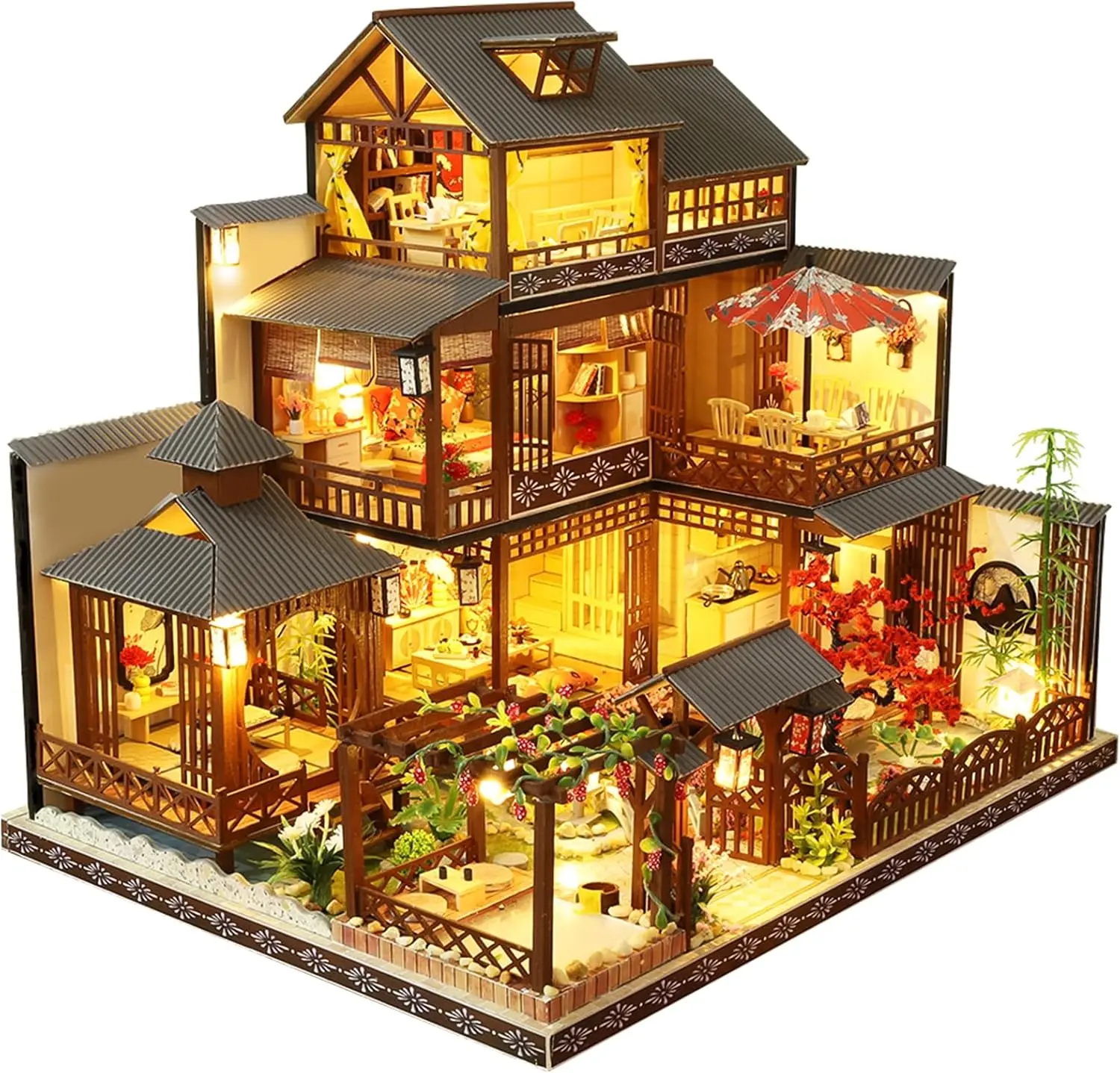 Spilay 1:24 Scale Miniature House Manual DIY Kit - Yaquan Japanese Courtyard Dollhouse with Wooden Furniture, LED Lights, Music Box, Step-by-Step Guide, 3 kg, 35*26.5*30 cm, Requires Batteries, Perfect Gift for Adults, Home Decoration, Miniature Houses, V