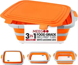 BBQ Prep Tub 3-IN-1 Large 16L Collapsible Cutting Board with Locking Lid for Meal Prep Marinating Food, Camping Sink with Colander, Dish Basin, Storage Blanket for Camping Picnic BBQ, Orange