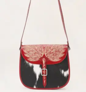 Genuine cowhide & leather tooled crossbody bag
