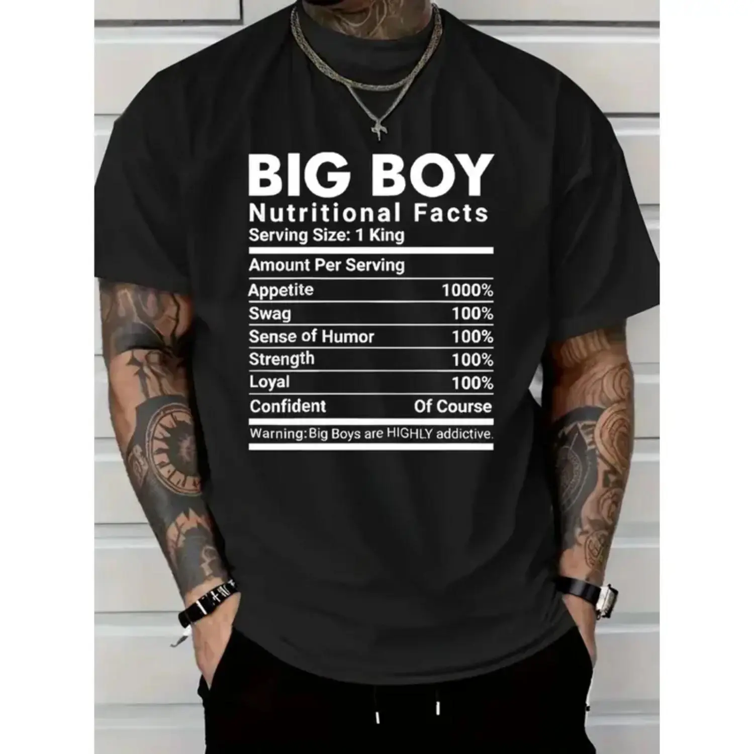 Menswear Oversized Short-Sleeve Streetwear T-Shirt - Large Pure Cotton Loose-Fit Apparel with Humorous Big Boy Nutrition Facts Graphic, Machine-Washable Durable Top for Outdoor & Daily Wear, Extra Large Size 2720