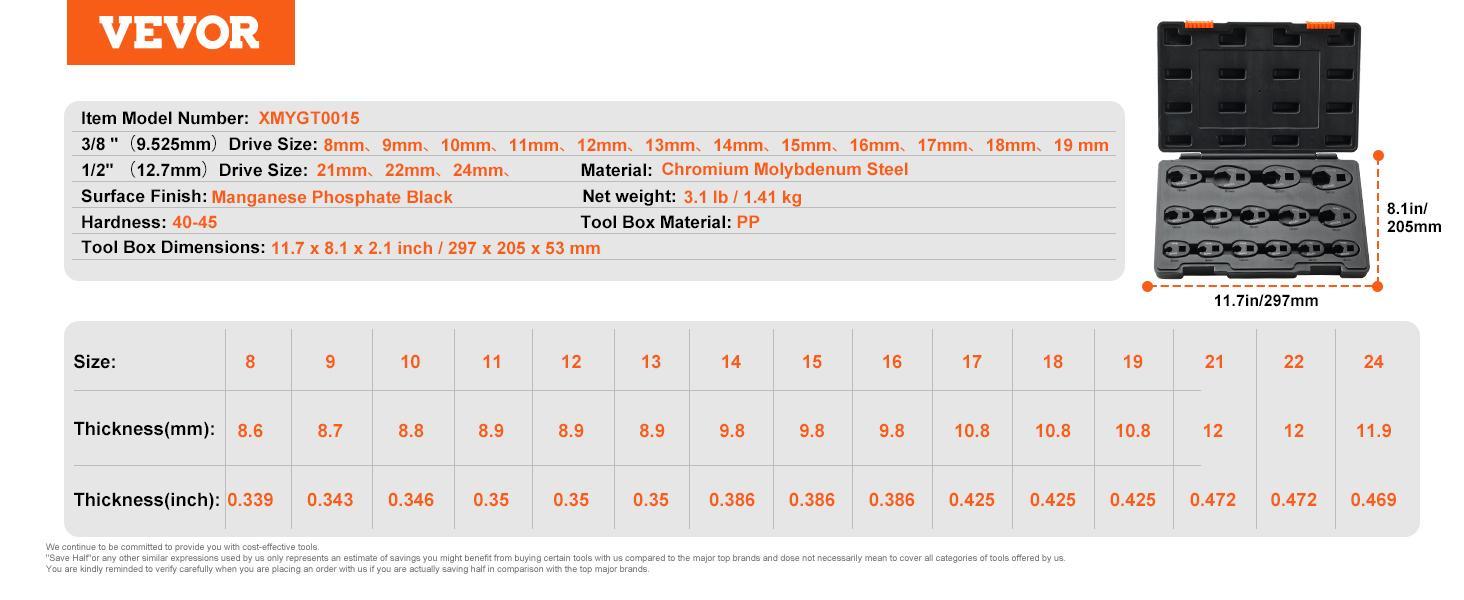 VEVOR Crowfoot Wrench Set,  1/2" and 3/8" Drive 15-Piece Crows Foot Wrench Set with PP Storage Case,  Metric 8-24 mm, CRMO Steel and  Manganese Phosphate Finish, for Mechanical Maintenance and Repairs