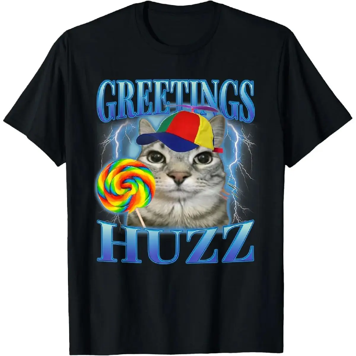 Funny Lollipop Cat Meme Graphic T-Shirt, Huzz Greetings Silly Cat Print Short Sleeve, Summer Vibes Casual Unisex Daily Top