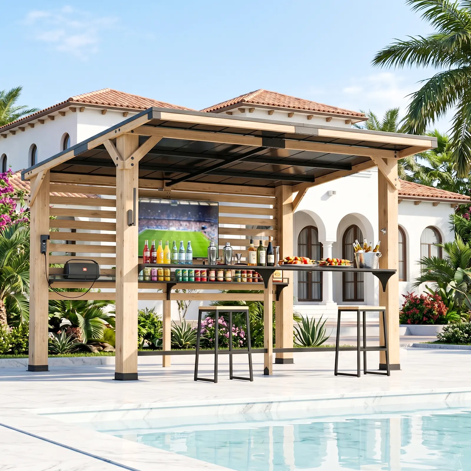 ABORON Sturdy 100% Solid Cedar Wood Rectangular Outdoor Grill Gazebo - Patio Bar Pavilion with Galvanized Steel Roof, Power Outlets, TV Mount, BBQ Shelter Canopy, Waterproof for Backyards, Decks, Movie Night (Assembly Required), Outdoor Kitchens