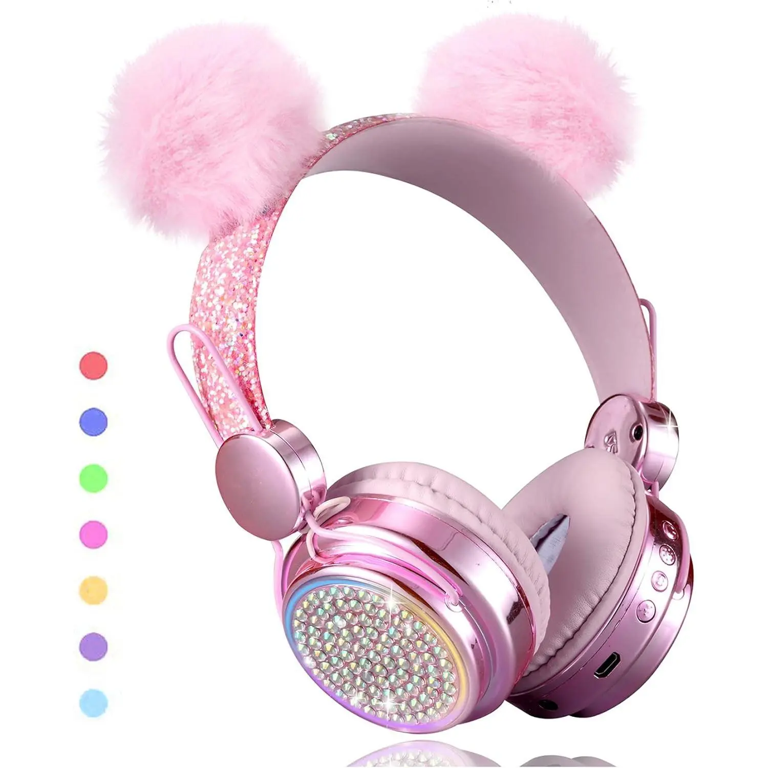 L-HPS007 Crystal Unicorn Kids Headphones, Bluetooth 5.0 Wireless Headsets with LED Color Changing Lights, 3.5mm Wired Audio Cable, Adjustable Mic, 10-Hour Playtime, Plug Compatibility for School, Party (Pink), Colorful
