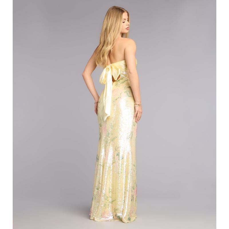 Angelina Satin Tie-Back Floral Sequin Formal Dress