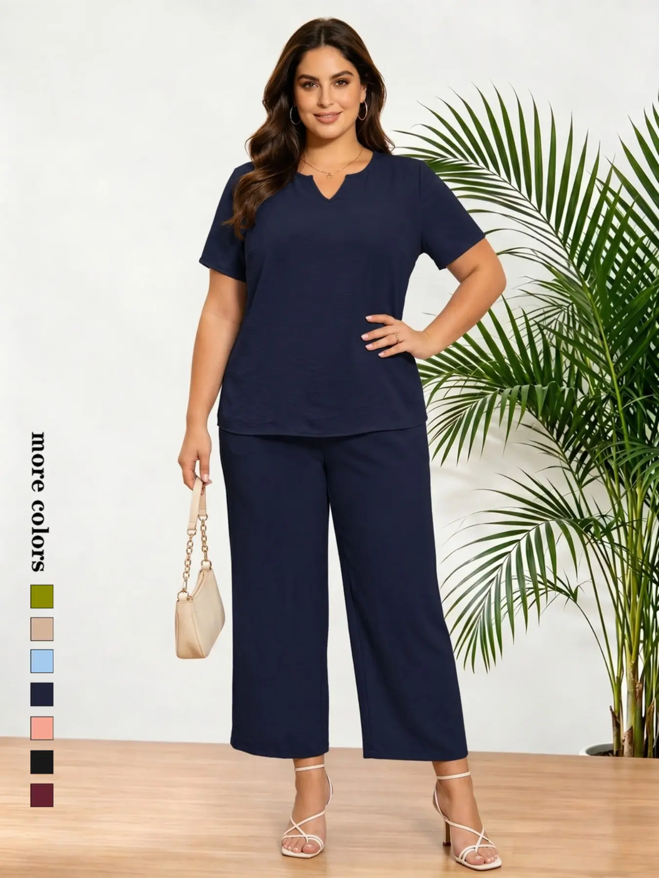 2-Piece Set for Plus Size Women, Elegant Solid Color Basic Minimalist Loose Fit Short Sleeve Shirt and Casual Wide Leg Pants, Chic Fashionable Leisure Clothes