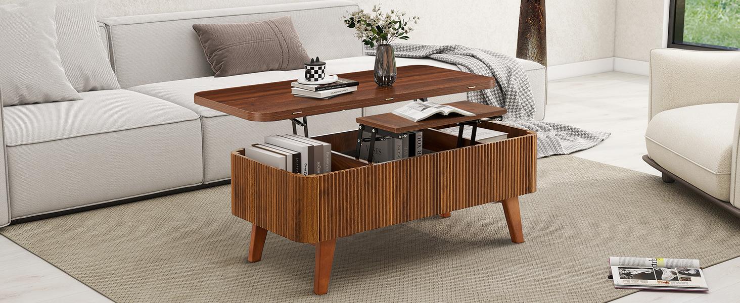 Giratree Fully Assembled Wooden Center Table, Fluted Lift Top Coffee Table with Hidden Compartment, Modern Oval Lift Tabletop for Home Living Room Office