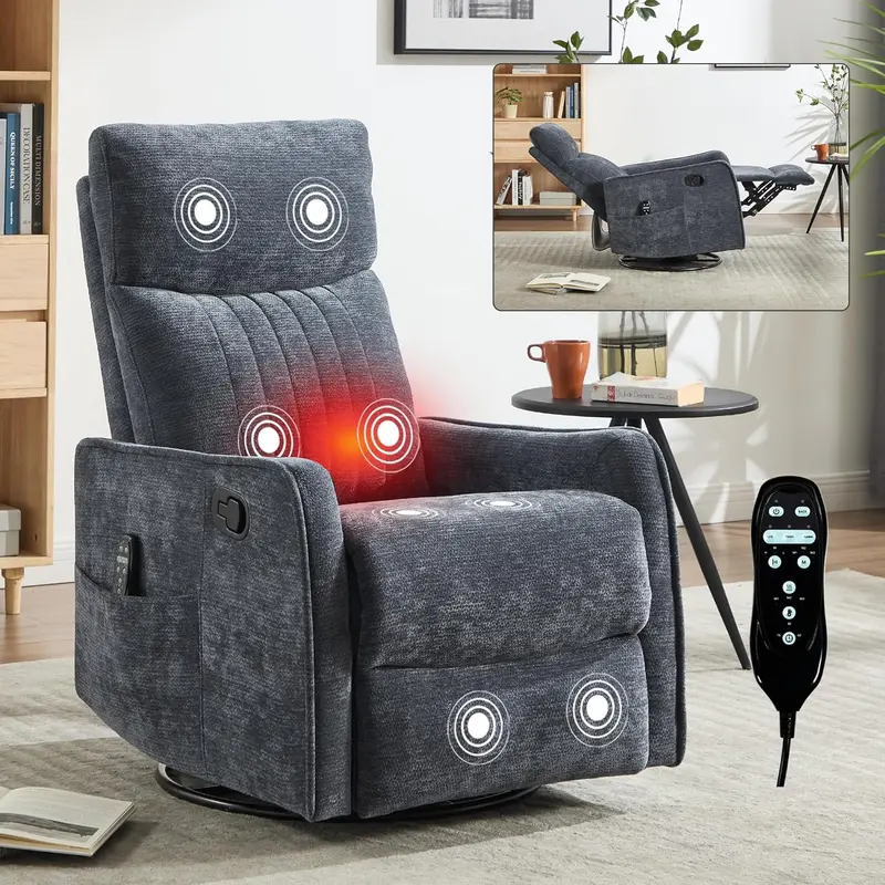 Chenille Fabric Manual Recliner Chair - Blue, 360-Degree Swivel Rocker, Lumbar Heat Massage with 3 Modes, Pine Accents, Timer, 26.37" D x 35.40" W x 39.37" H, Tool-Free Assembly for Living Room