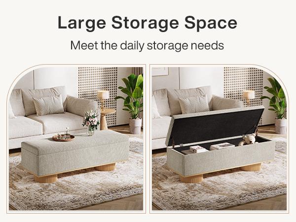 LITTLE TREE 50.39" Storage Bench with Padded Seat Cushion, Upholstered Shoe Bench with Flip Up Storage for Bedroom, Living Room, Entryway, Load up to 330 lb, Beige + Wood Color