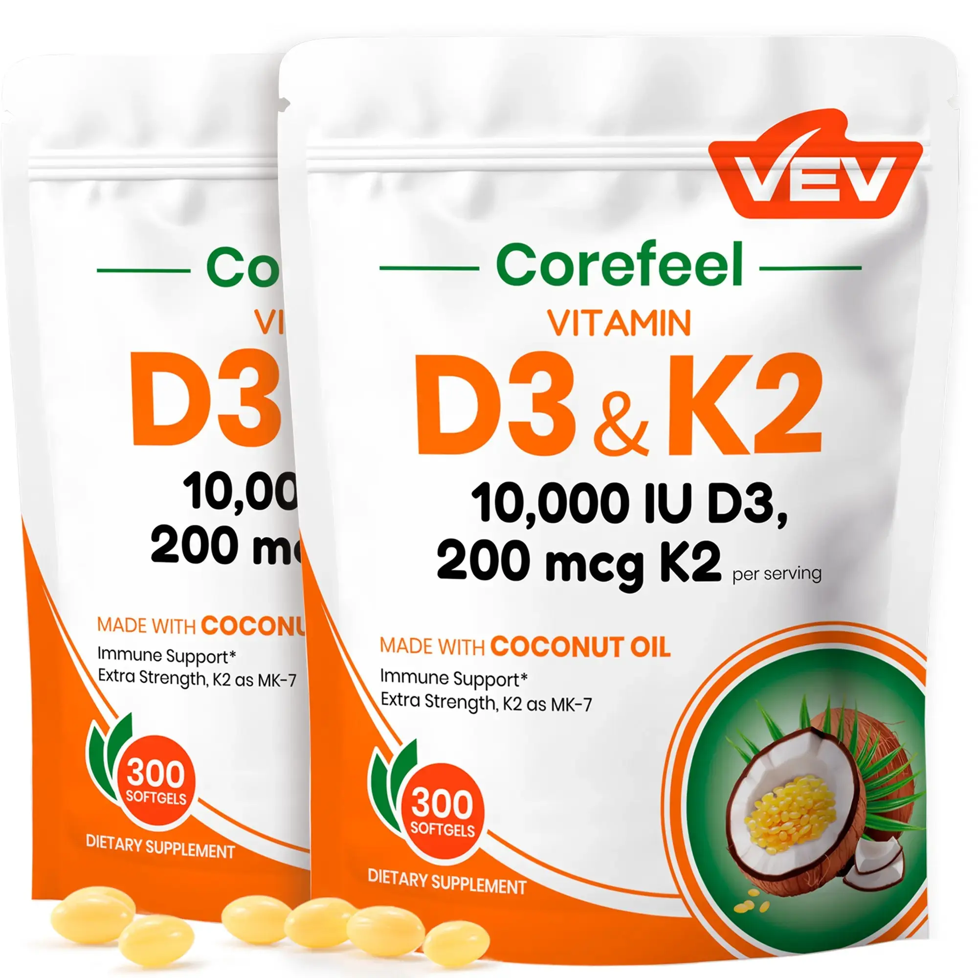 [2 Pcs] VEV Vitamin D3 K2, 2 in 1 Vitamins Supplement D & K, 10000 IU, 300 Virgin Coconut Oil Softgels, Dietary Healthcare Daily Health Bundle