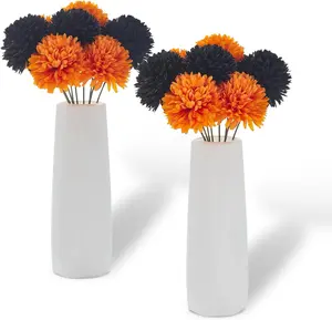 20 Pcs Mums Artificial Flowers, Fake Fall Flowers with 2 White Vases, Silk Chrysanthemum Centerpiece Table Decorations for Halloween, Christmas