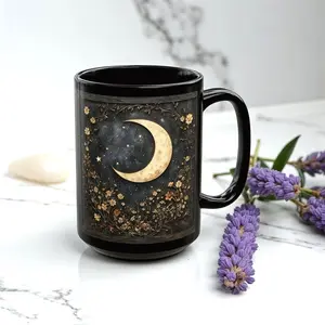 Gothic Celestial Bookshelf Mug Crescent Moon And Wildflower Mandala Mug Dark Cottagecore Floral Ceramic Cup Witchy & Gothic Botanical Art 11 Black