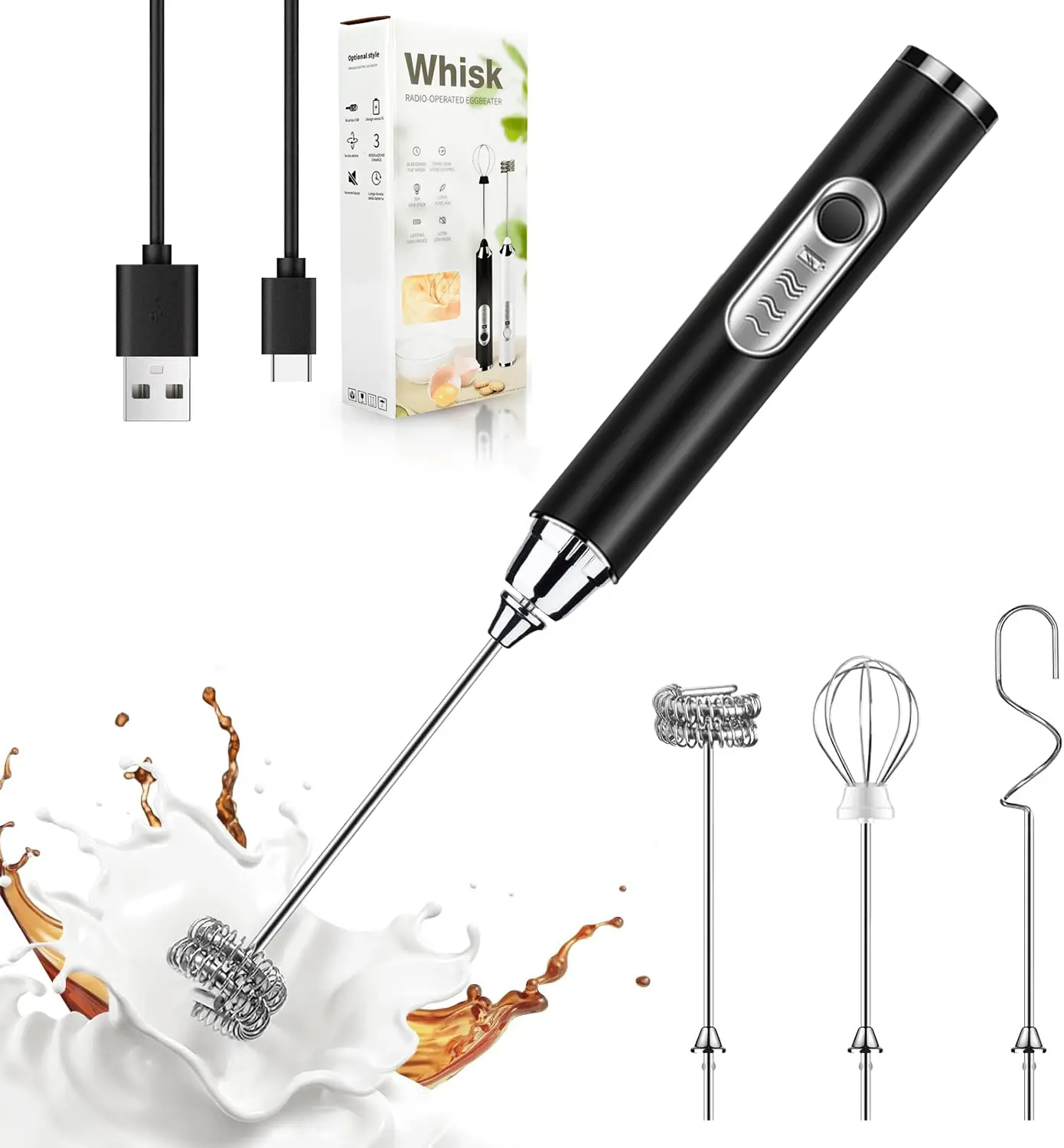 Cordless Milk Frother - Rechargeable USB-Charging Handheld Coffee Equipment with 3 Detachable Stainless Steel Whisks, 3-Speed Settings, Ergonomic Handle, Lightweight Small Size Environmentally Friendly ABS Plastic Electric Mixer for Latte Use, 1500Mah
