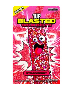 1UP Candy Blasted Sour Belts – Strawberry | Crunchy-Coated Sour Candy Strips (1, 6 or 10 Pack)