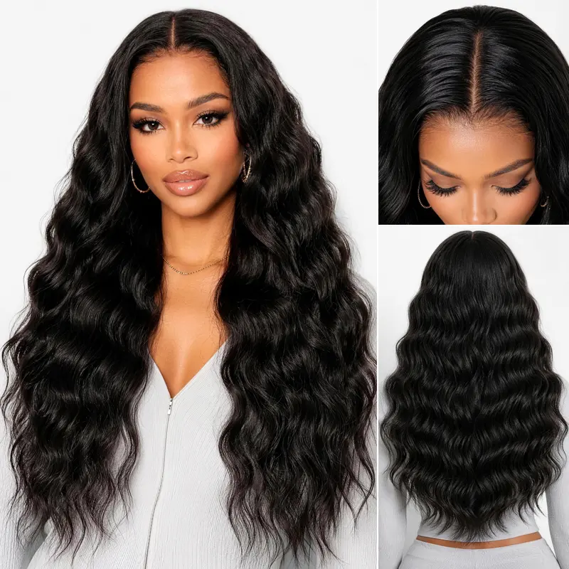 Teslal Hair 6X6 T-Part Lace Front Wigs Blend Hair 220% Density Boho Curly Glueless Wigs Pre Plucked Natural Hairline Wear It and Go Synthetic Wig For Women