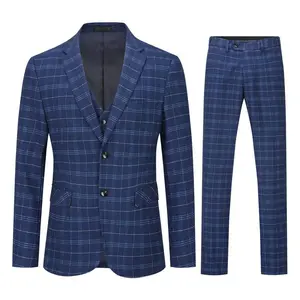 Men's checkered business suit three piece set (top+vest+pants)-navy blue-2583504 Long Sleeve Plaid Classic Checked
