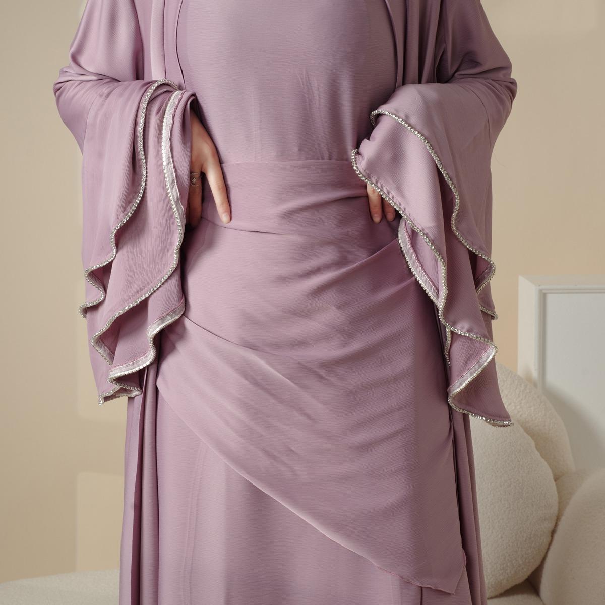 Elegant Satin Crepe Ruffle Sleeve Abaya Set 5-Piece Modest Dress with Belt, Hijab, Inner Dress & Triangle Skirt | Luxurious Full-Length Design, Side Pockets, Customizable Sizes | Perfect for Ramadan, Eid,MOA033 Elegant Satin Crepe Ruffle Sleeve Abaya Set 5-Piece Modest Dress with Belt, Hijab, Inner Dress & Triangle Skirt | Luxurious Full-Length Design, Side Pockets, Customizable Sizes | Perfect for Ramadan, Eid,MOA033