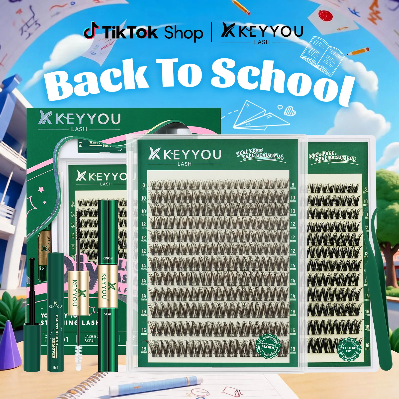KEYYOU Brown Flora Lash Kit | Kim & Kylie D curl | Spider Lash | Volume Boosting | Waterproof | Long-Lasting | DIY Extensions | 132PCS Cluster Lashes | Soft | Easy DIY At Home | Ultra Thin Band #BackToSchool