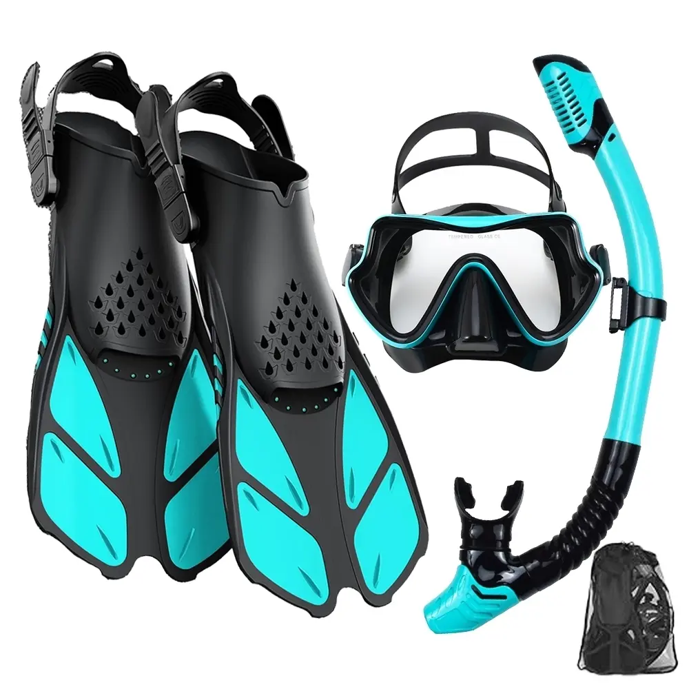 4 in 1 Snorkeling Set, Snorkeling Gear, Diving Mask & Snorkel & Fin & Carry Bag, Water Sports Equipment for Swimming & Diving Adventure