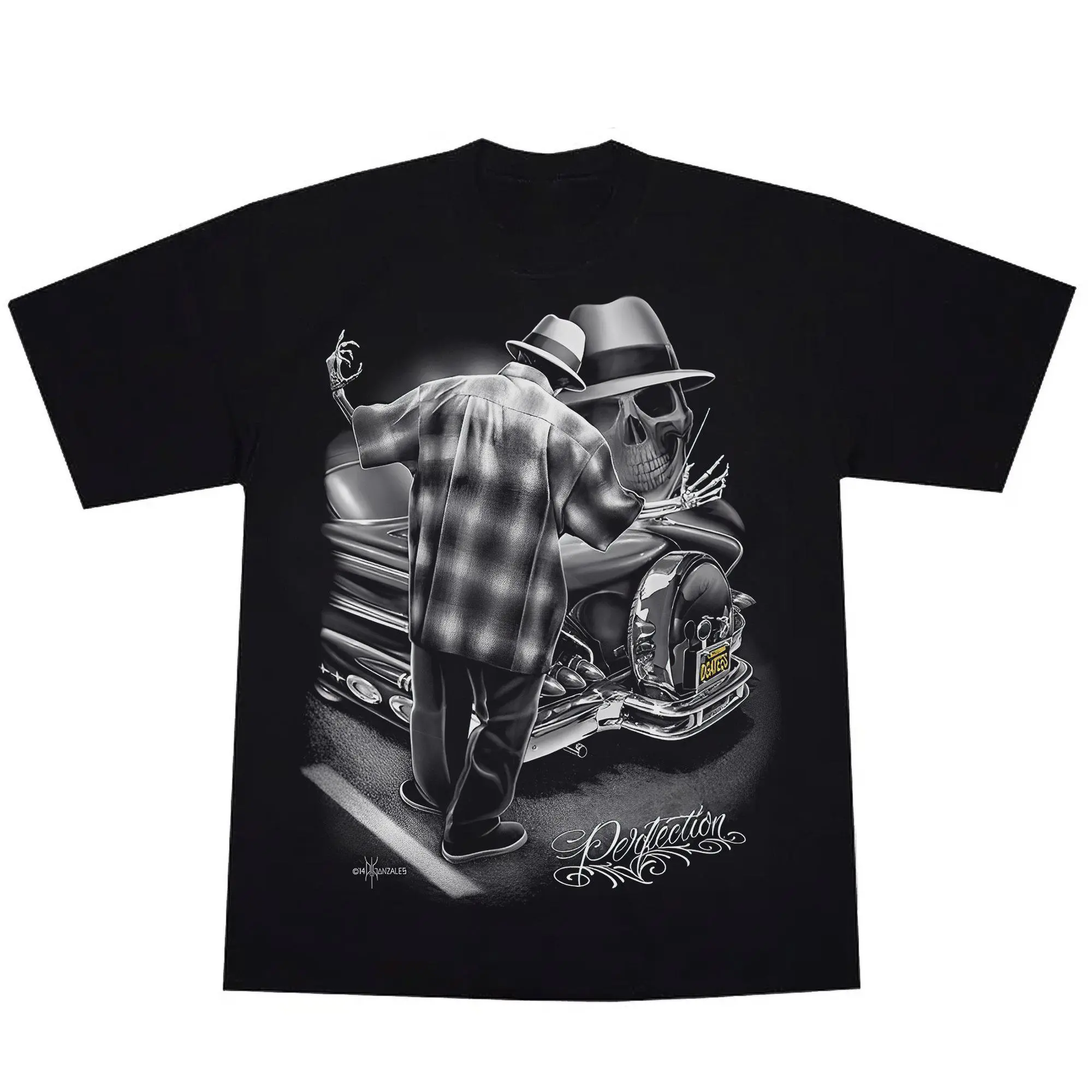 David Gonzales Mens Perfection Lowrider Gangster Homies Skeleton Dga Art Washed Cotton T Shirt Sweatshirt Chicanos Clothing Cotton Material Perfect Gift For Summer