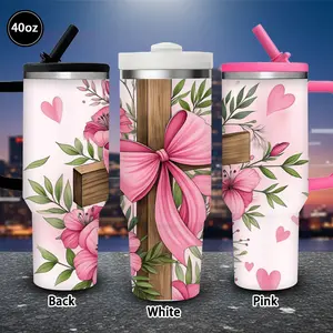 1pc 40oz Watercolor Floral Cross Tumbler with Lid and straw, Winter Insulated Travel Mug, Gift for Women Men, Ideal for Valentine's Day, Easter, Birthday Gift, iced/hot Coffee Cup