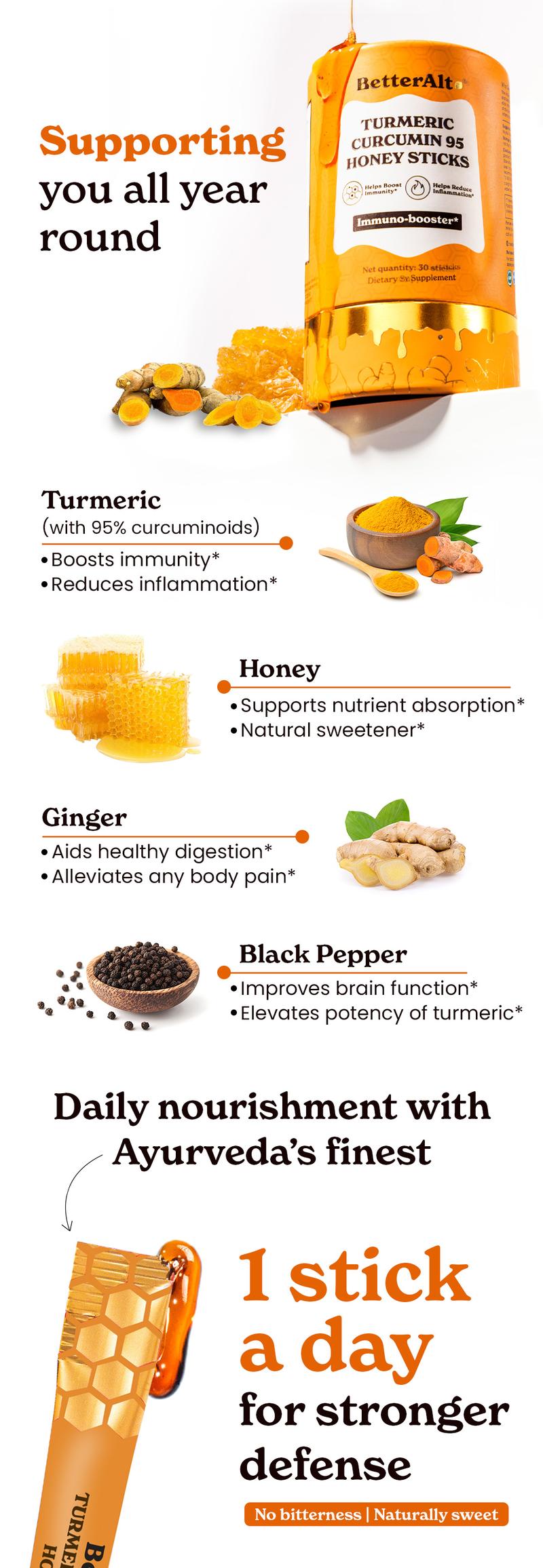 BetterAlt Curcumin95 Honey Sticks | All Season Immunity Support | Turmeric, Black Pepper & Ginger | Iron, Zinc, Vitamin B & C | 30-Day Supply