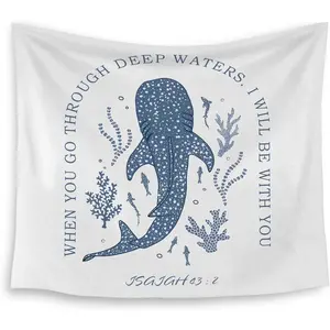 Tapestry Decor Whale Shark Christian Tapestry, Isaiah 43:2 Bible Verse Tapestry Wall Hanging, Religious Bible Scripture Wall Blanket Backdrop Decor for Home Bedroom Living Room Decorative Light