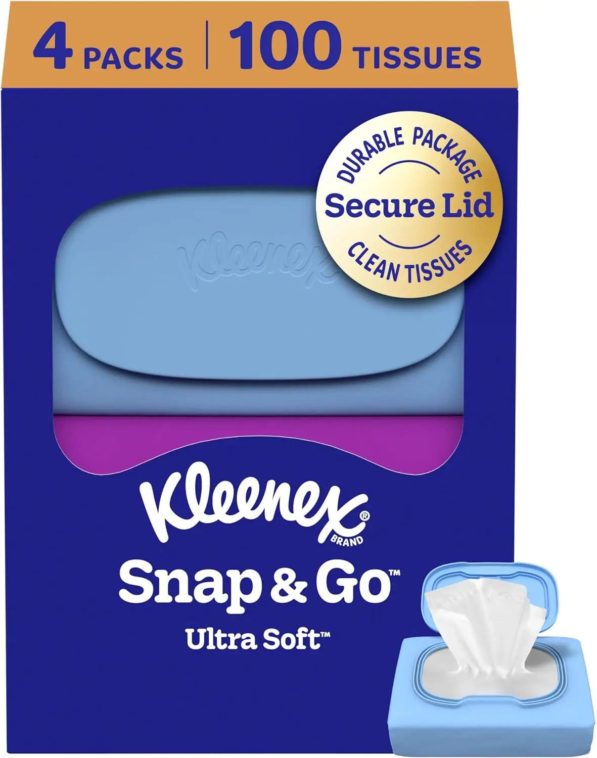 Kleenex Snap & Go Ultra Soft Portable Compact Paper Facial Tissues, 4 Packs, 25 Sheets per Pack, Mess Control, Secure Lid