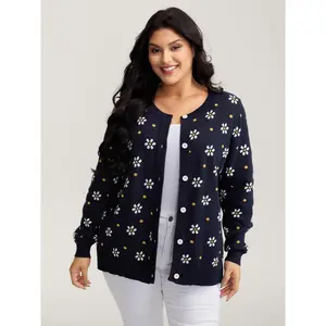 【Oversized】Bloomchic Floral Polka Dot Print Button Knit Cardigan