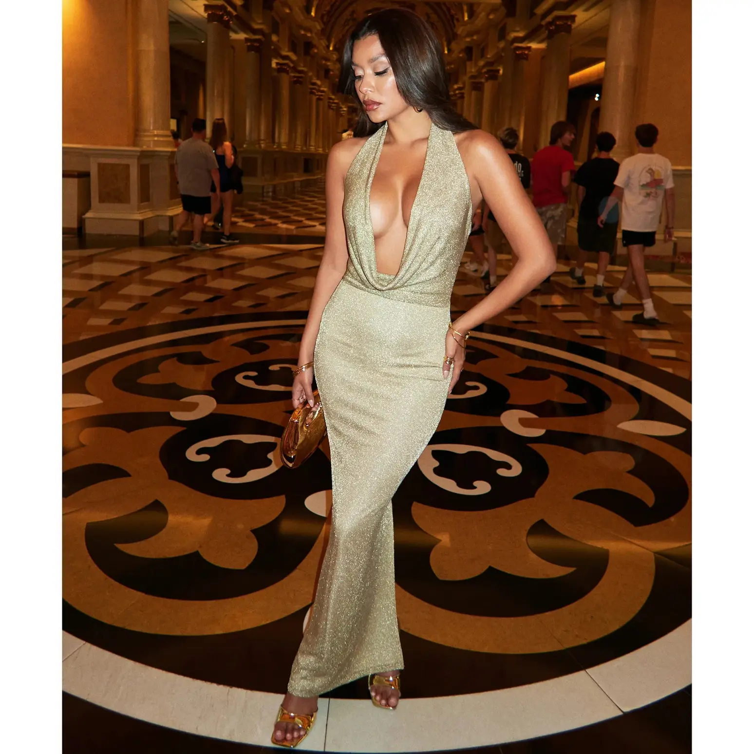 Glow Goddess Strappy Back Metallic Knit Maxi Dress