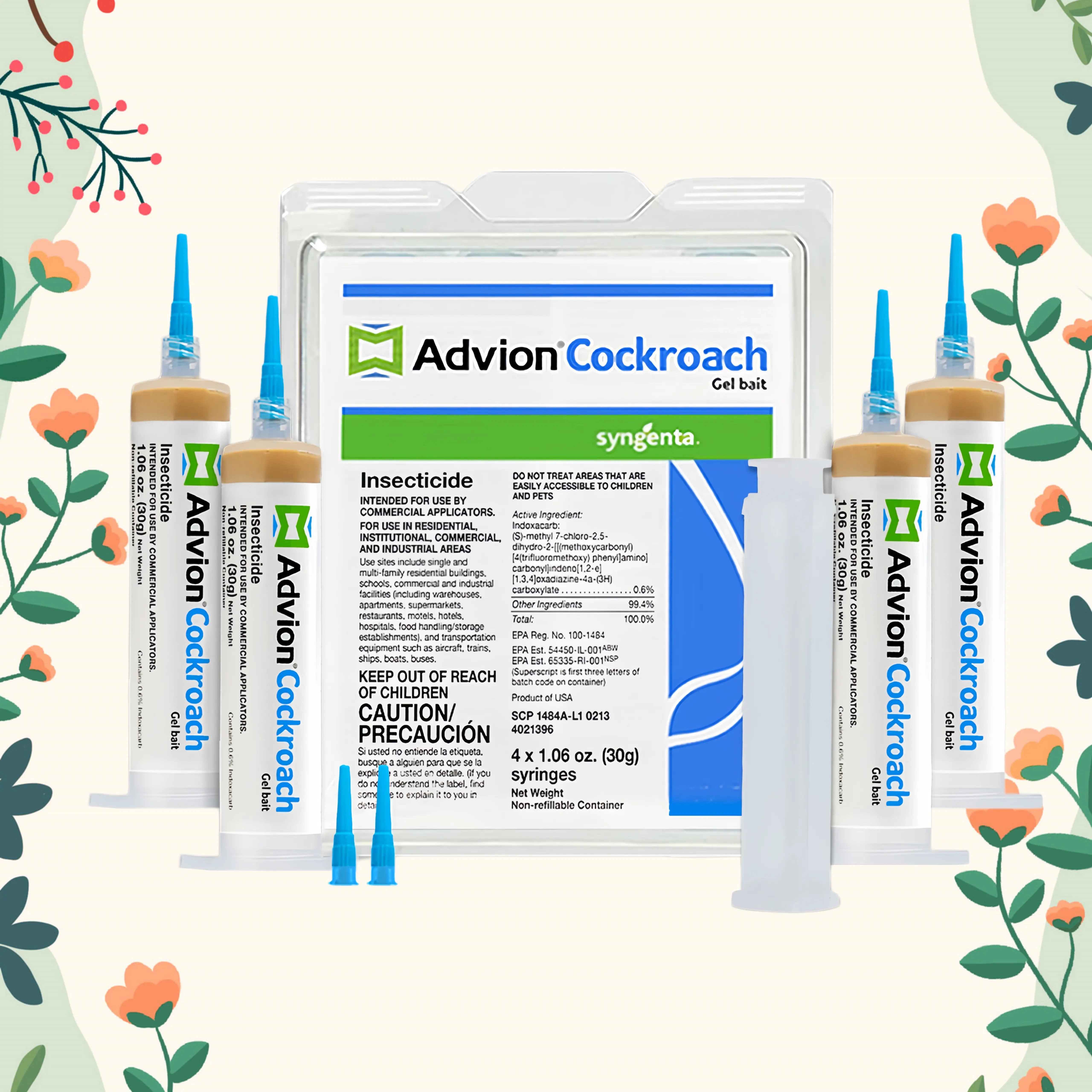 Advion Cockroach Gel Bait, 4 Tubes x 30-Grams, 4 Plunger and 4 Tips, German Roach Insect Pest Control, Indoor and Outdoor Use, Roach Killer Gel for American, German and Other Major Cockroach Species