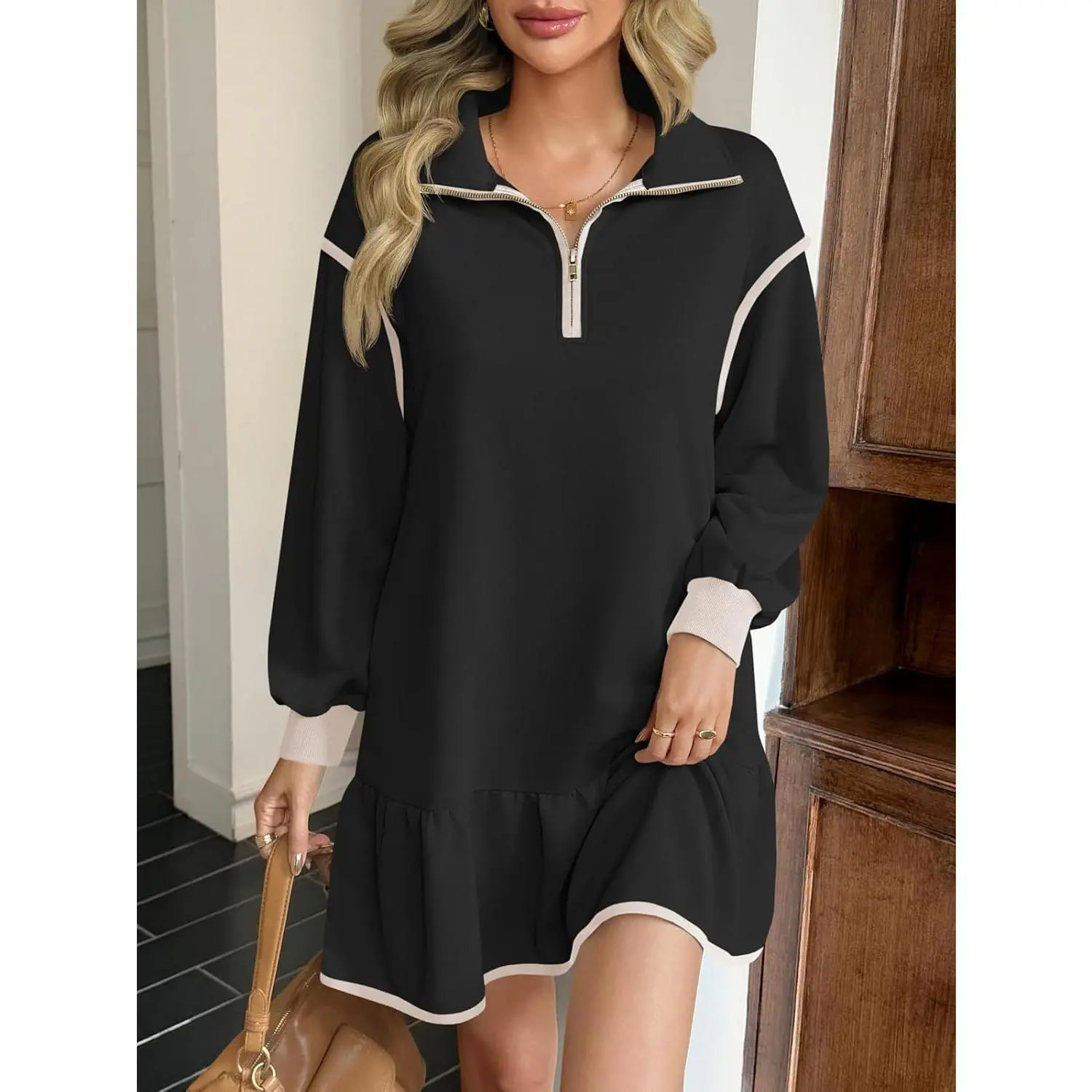 Women's Soft Quarter-Zip Long-Sleeve Sweatshirt Dress - Casual Loose Ruffle Hem Tunic, Flat Metallic Accents, Fit for Daughters and School Wear, Daughter, Longsleeves, Evening, Chic, Fabric, Tunic Dress, Ruffled Hem, Soft Polyester, Cold Wash, Daily, Soft