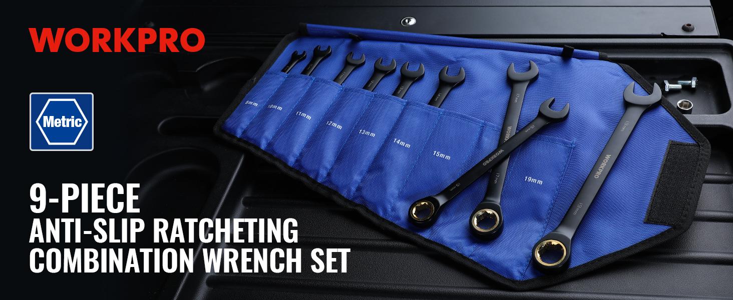 #SpringGlowUp WORKPRO 9-Pack Anti-Slip Ratcheting Combination Wrench Set, 72-Teeth, Cr-V Constructed, Black Ratchet Wrenches Set with Roll Up Pouch