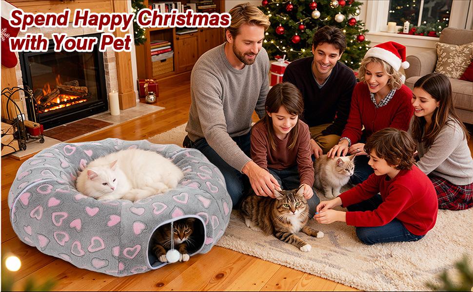 Cat Tunnels for Indoor Cats, 35'' Plush Cat Tunnel Bed Christmas Tree Skirt with Playful Ball and Circle Cushion, Foldable Peekaboo Cave, Interactive Toy,
