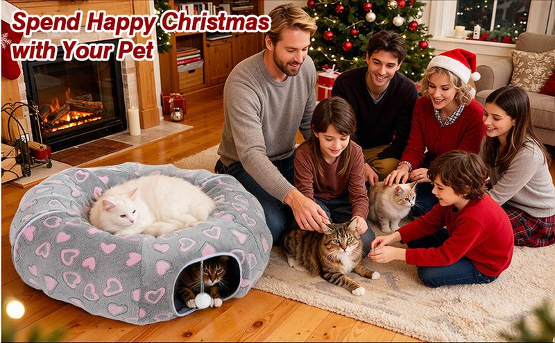 Pawaboo Cat Tunnels for Indoor Cats, 35'' Plush Cat Tunnel Bed Christmas Tree Skirt with Playful Ball and Circle Cushion, Foldable Peekaboo Cave, Interactive Toy,