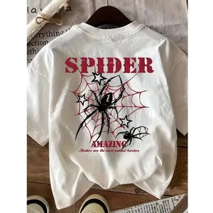 100% Cotton Spider Patterned T-shirt - "Spider Wonder" Design Tee for Women Men, Red Spider Webs and Black Spiders, Casual Round Neck Unisex Short Seeved Top