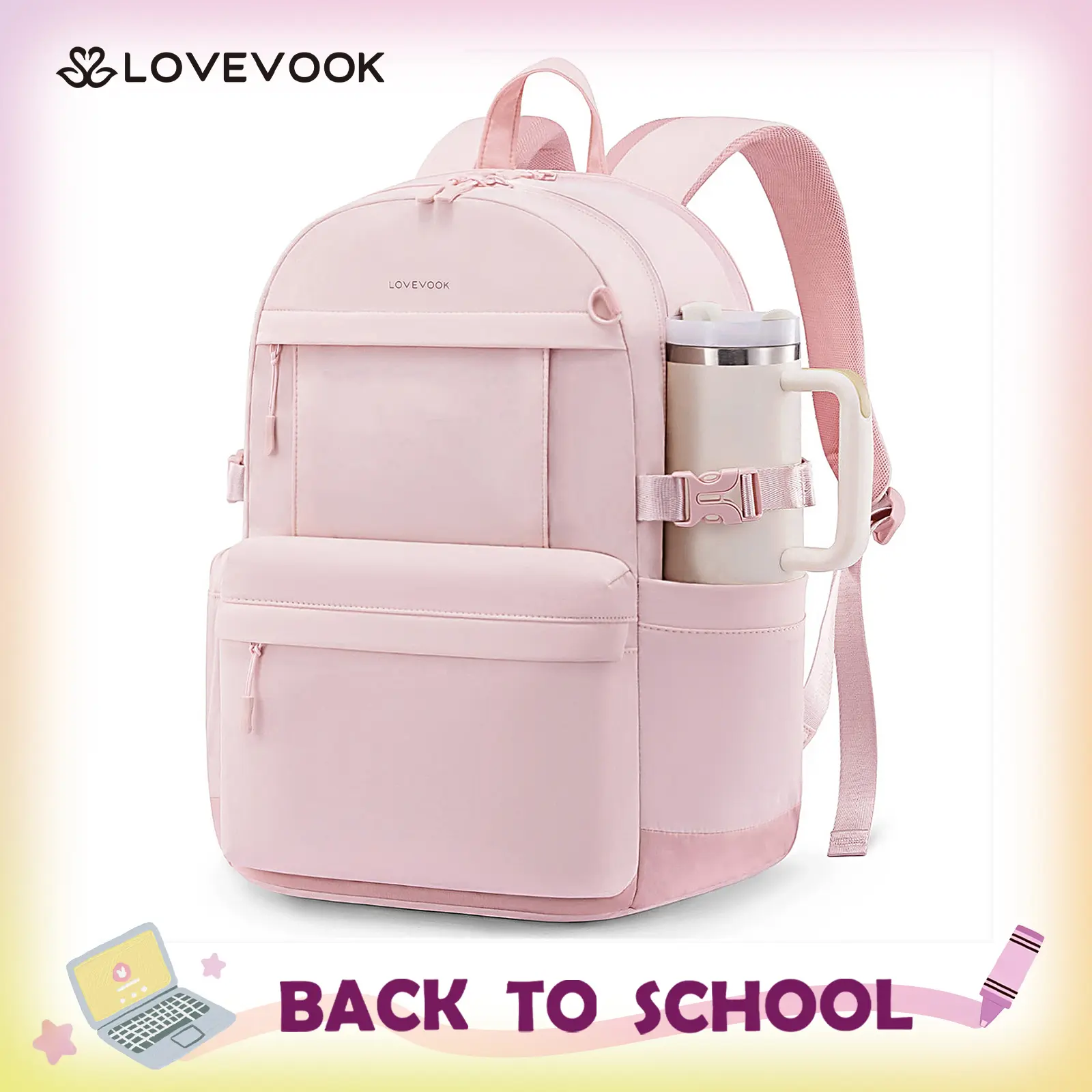 LOVEVOOK Laptop Backpack for Women with Giant Tumbler Holder,15.6 Inch Laptop Computer Bag Travel Backpack Purse,Waterproof Work Business Backpack College Bookbag Teacher Bags