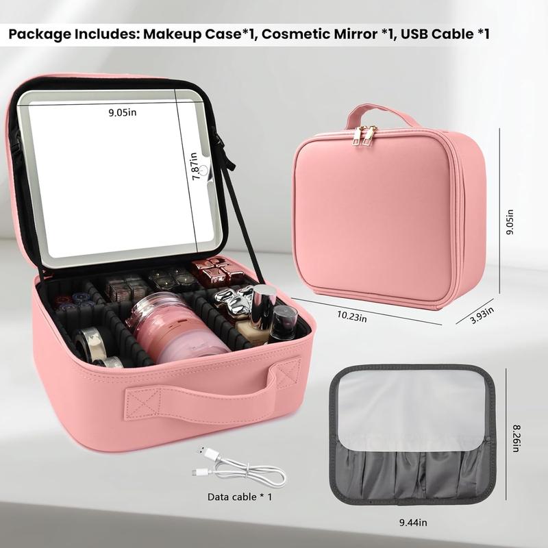 Makeup Case with LED Mirror,Makeup Organizer Bag Travel Makeup Case Large Makeup Bag With Rechargeable Mirror 3 Color Lights Detachable Mirror for Women Beauty Tools Accessories（Pink）