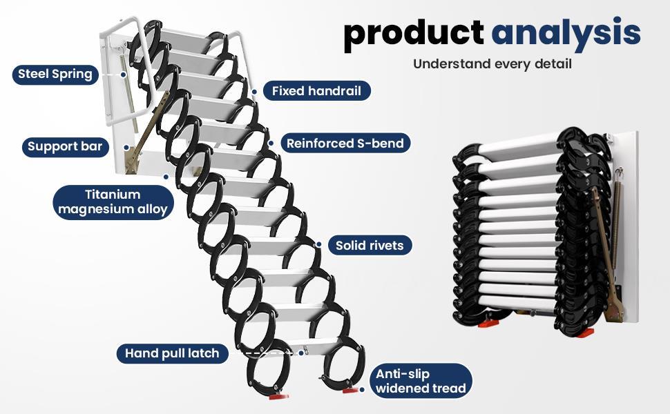 10FT Pull Down Attic Stairs, 12 Step Aluminum-Magnesium Alloy Loft Wall Mounted Stairs, Telescopic Fold Ladder for 27.5 x 23.6 Inch, Up to 880 lbs (Black+White)