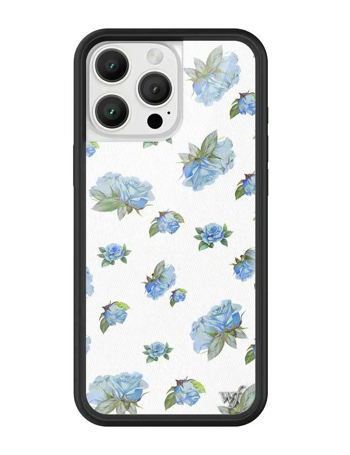 Moonlight Rose | Limited Edition Trendy iPhone Case | Raised Protective Black Bumper | Women Owned Small Business | Egg Shell White Background Baby Blue Vibrant Roses Green Leaves | Safety Casing Protective | Gift for Her