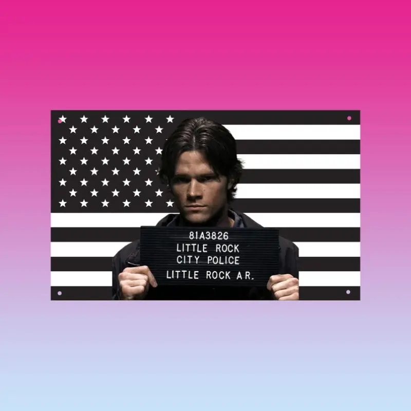 Decorative Supernatural Themed Tapestry - 3x5 ft Sam Winchester Mugshot Banner, Jared Padalecki American Flag Design, SPN Fan Merchandise for Guys Who Love Celebrities, Home Wall Art Decor