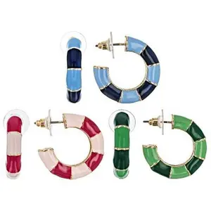 Multi-Color Enamel Gold Tone Hoop Earring Set of 3