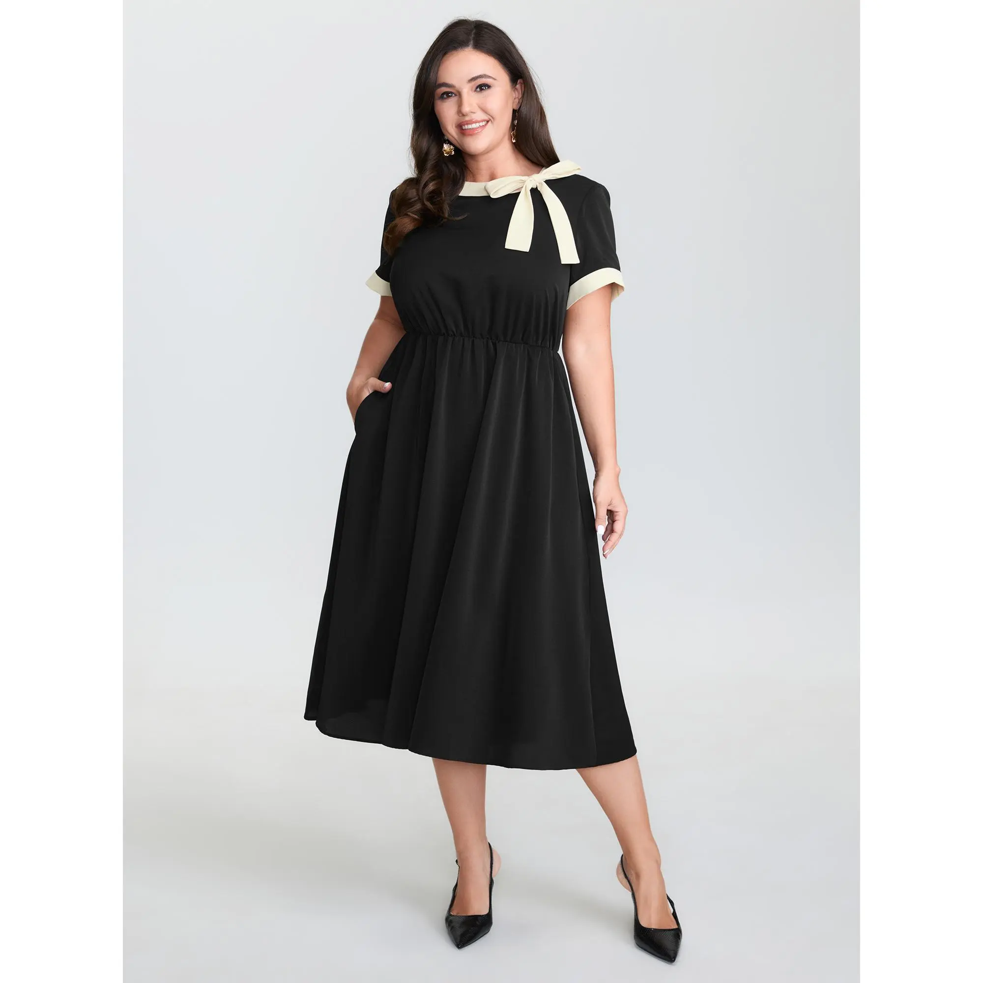 BloomChic Bow Neckline Stretchy Waist Midi Dress 【M-6XL】