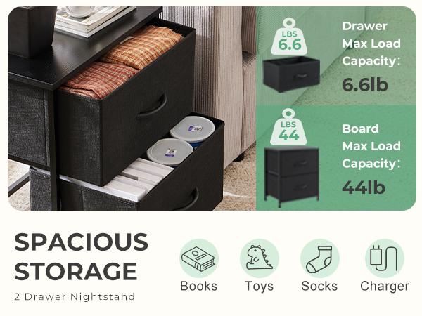 2 Drawers Nigtstand for Bedroom, Tall Chest Organizer with Fabric Bins, Steel Frame, Black