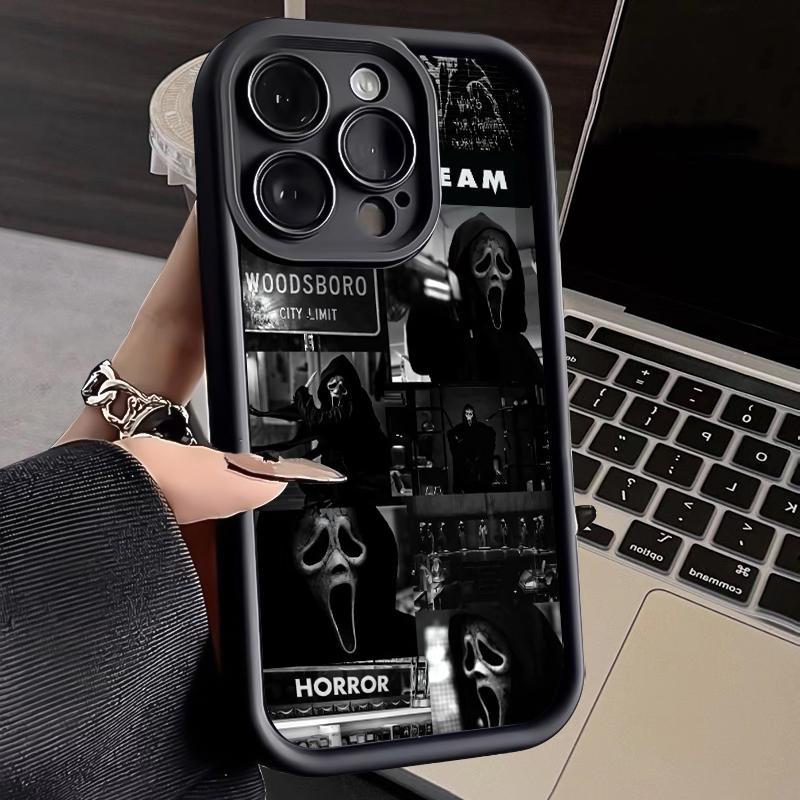 Ghostface's Realm pattern phone case, compatible with iPhone 17 Pro Max, 16 Pro Max, 15 Pro, 14, 13, 12, and 11.  Shockproof and drop-resistant phone case made of durable silicone material.
