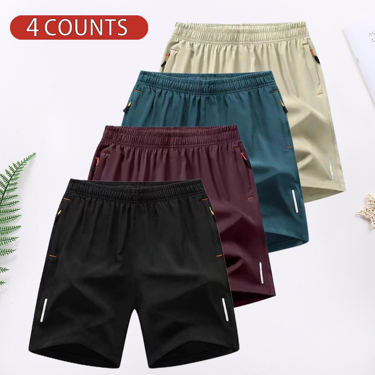 4 Counts Men's Solid Color Zipper Pocket Shorts, 4 Pack Casual Comfortable Breathable Shorts for Summer, Men's Bottoms for Everyday Wear