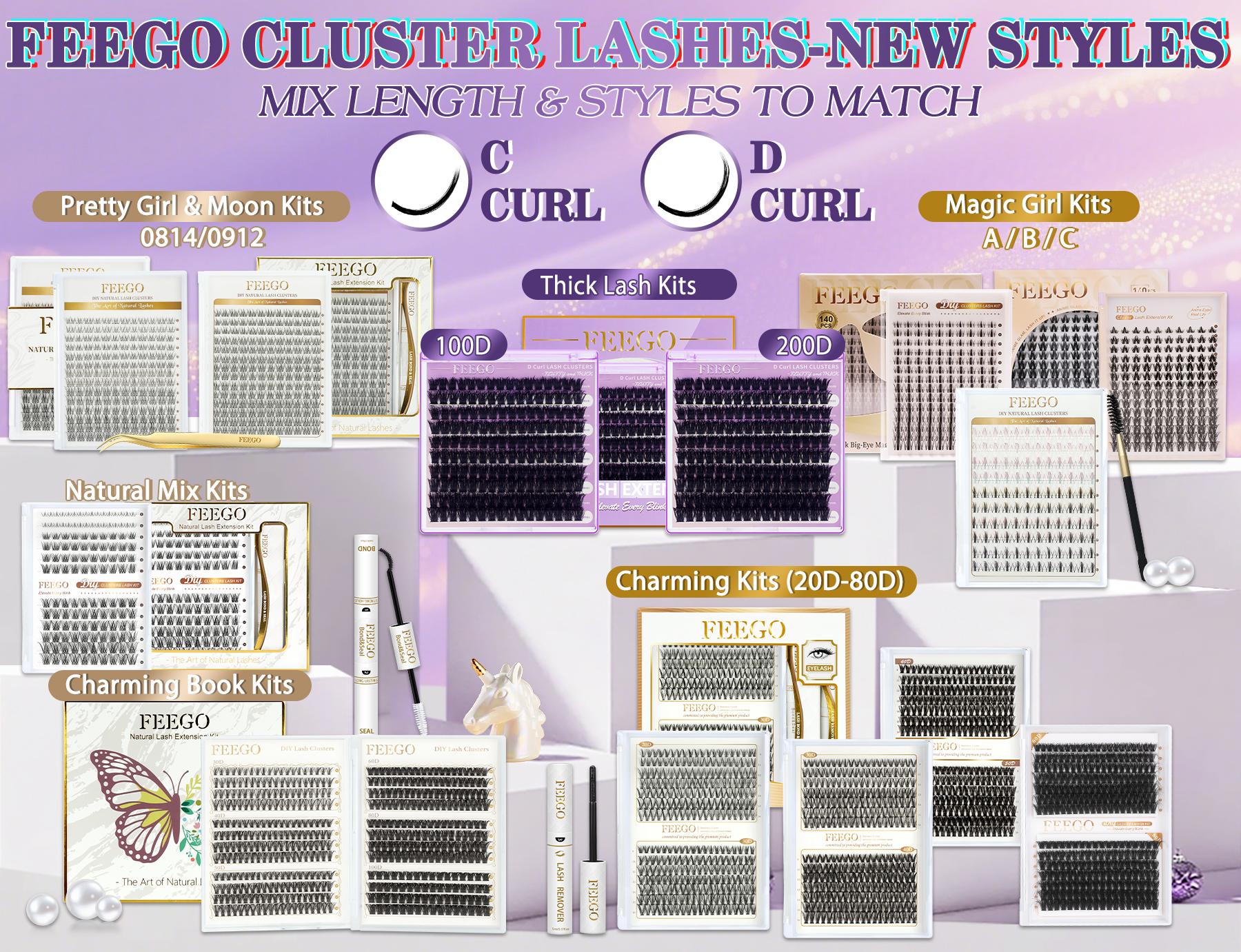 FEEGO 200D Lashes Extension Kit Thick Eyelash Extension Kit 10-20mm Lash Clusters Individual Eyelashes Kit With Lash Bond and Seal D Curl Cluster Eyelash