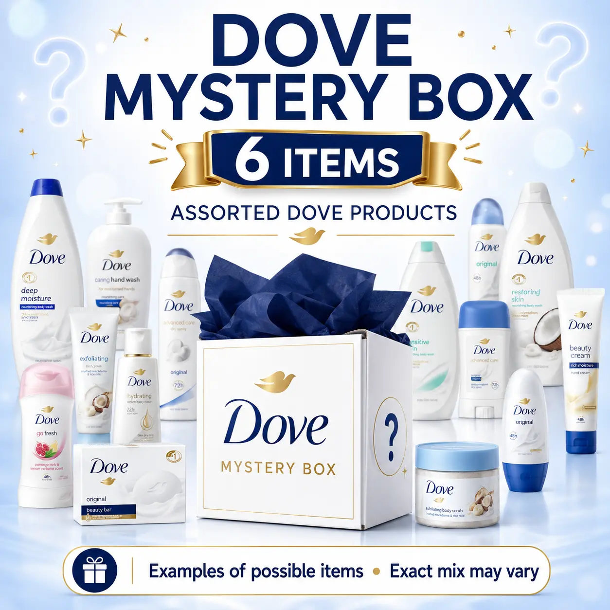 Dove 6-Piece Surprise Body Care Set - Mystery Box Variety Pack with Assorted Forms and Mixed Scents, Cleansing, Toiletries Set