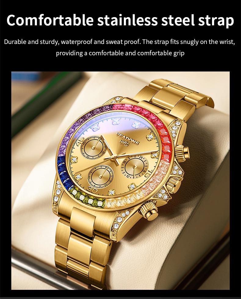 VEADONS Men's Business Fashion Rhinestone Decorated AnalogQuartz Watch Rainbow Crystal Chronograph Quartz Movement Luminous Date WaterResistant for Party Daily Wear Birthday Gift with Box