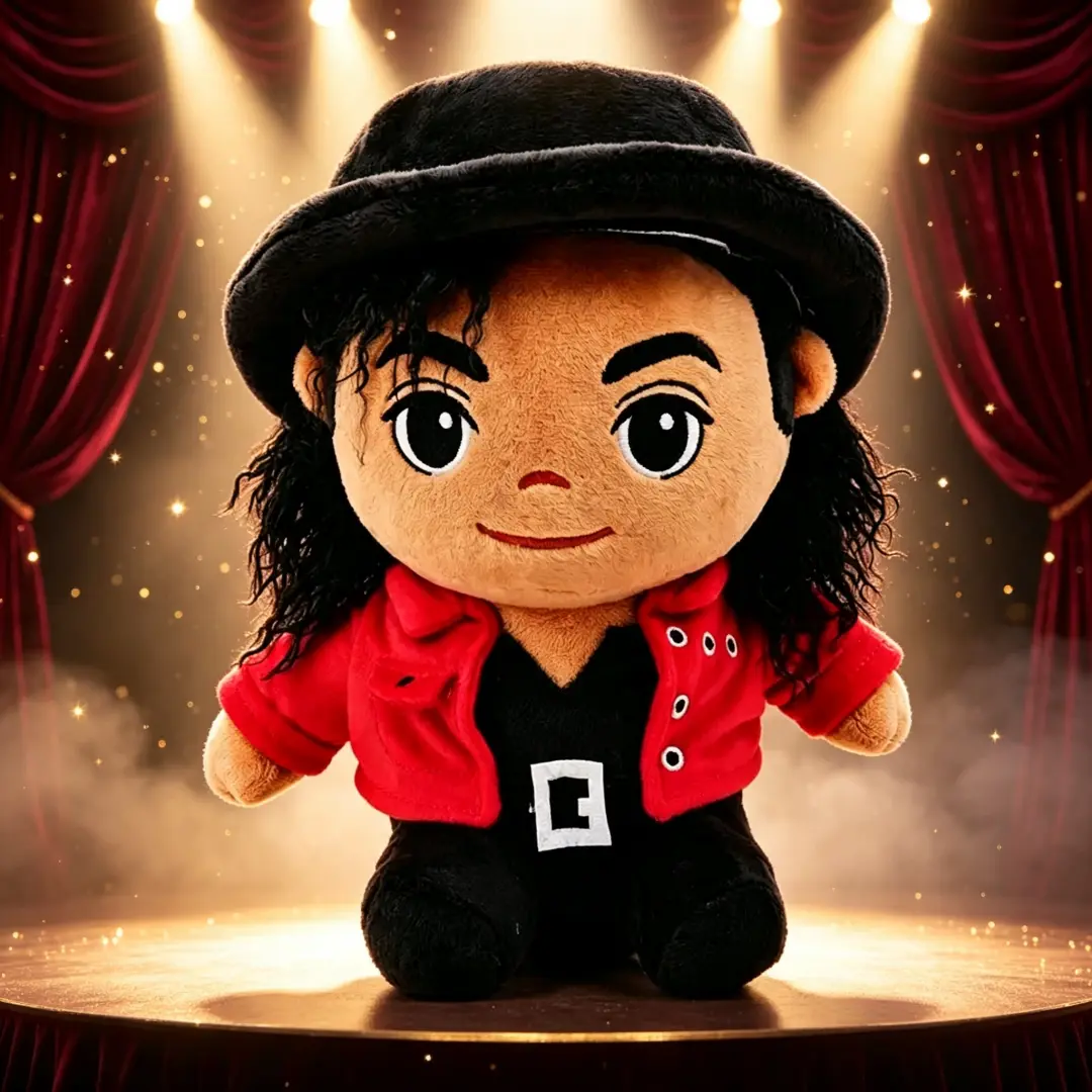 New-Michael Jackson Themed Unisex Soft Plush Doll, Classic Red Jacket & Black Hat Pop Star Stuffed Toy, Collectible Decor Gift for Music Fans